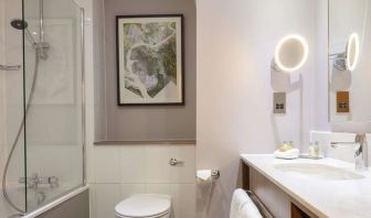 Guest bathroom with shower at DoubleTree By Hilton Edinburgh Airport.