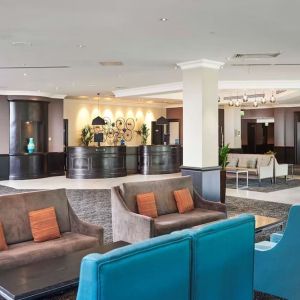 Lobby and coworking lounge at DoubleTree By Hilton Coventry.