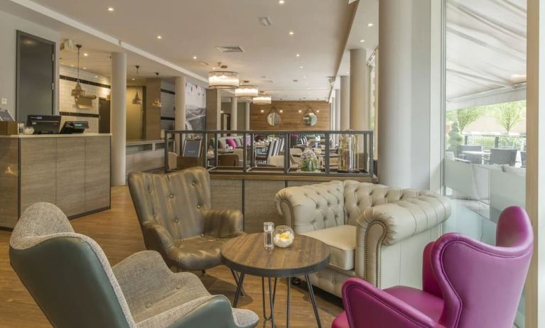 Lobby and coworking lounge at Hilton Garden Inn Bristol City Centre.