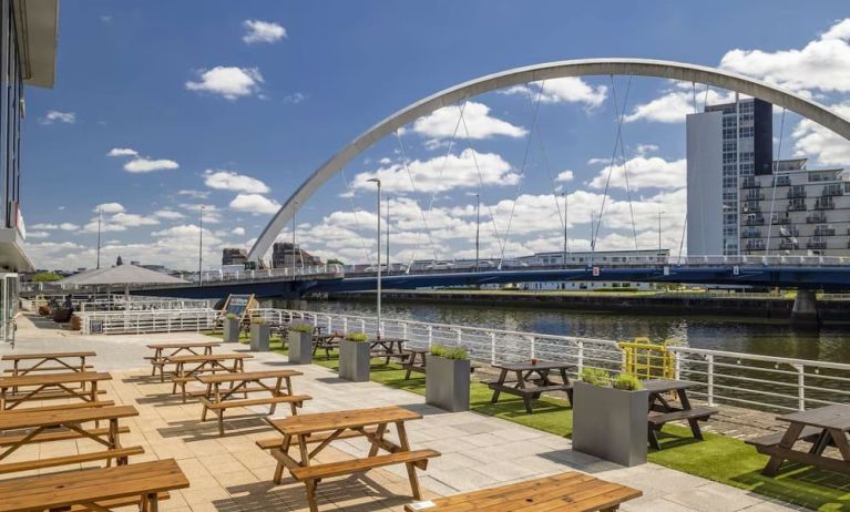 Terrace perfect for coworking at Hilton Garden Inn Glasgow City Centre.