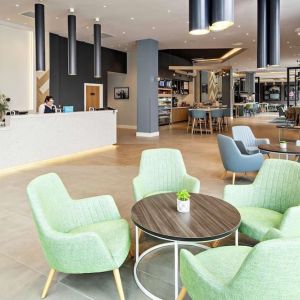 Lobby and coworking lounge at Hilton Garden Inn Abingdon Oxford.