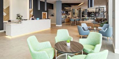 Lobby and coworking lounge at Hilton Garden Inn Abingdon Oxford.