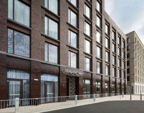 Hotel entrance at the Hampton by Hilton London Docklands.