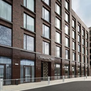 Hotel entrance at the Hampton by Hilton London Docklands.