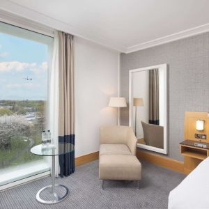 Day use room with lounge area at the Hilton London Gatwick Airport.