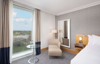 Day use room with lounge area at the Hilton London Gatwick Airport.