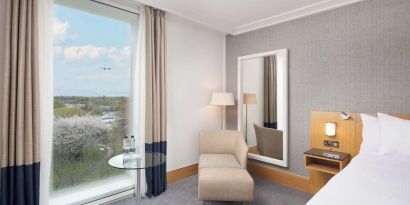 Day use room with lounge area at the Hilton London Gatwick Airport.