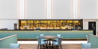 Bright bar area perfect for co-working at the Hilton London Gatwick Airport.