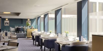 Spacious and elegant restaurant area perfect as workspace at the Hilton London Gatwick Airport.