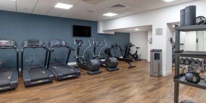 Fully equipped fitness center at the Hilton London Gatwick Airport.