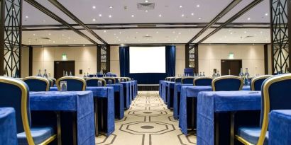 Spacious conference room at the Hilton London Gatwick Airport.