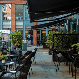 Outdoor patio perfect as workspace at the Hilton Garden Inn Birmingham Brindleyplace.