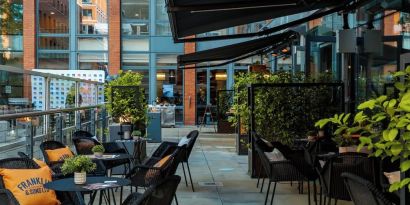 Outdoor patio perfect as workspace at the Hilton Garden Inn Birmingham Brindleyplace.