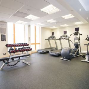 Fitness center with treadmills, machines and equipment at the Hilton Garden Inn Birmingham Brindleyplace.