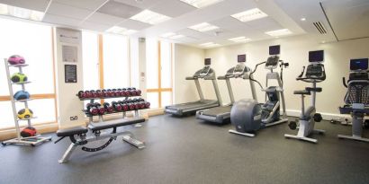 Fitness center with treadmills, machines and equipment at the Hilton Garden Inn Birmingham Brindleyplace.