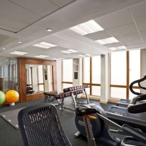 Fitness center with treadmills, machines and equipment at the Hilton Garden Inn Birmingham Brindleyplace.