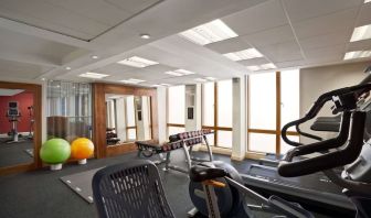 Fitness center with treadmills, machines and equipment at the Hilton Garden Inn Birmingham Brindleyplace.