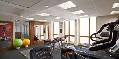 Fitness center with treadmills, machines and equipment at the Hilton Garden Inn Birmingham Brindleyplace.