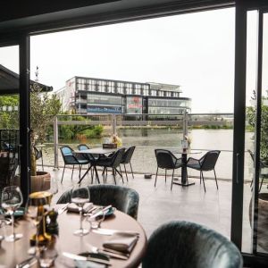 Beautiful veranda with lake view perfect for co-working at the Hilton Birmingham Metropole.