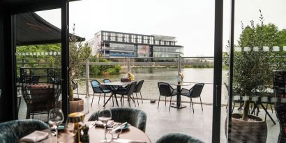 Beautiful veranda with lake view perfect for co-working at the Hilton Birmingham Metropole.