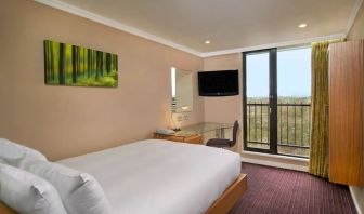 Single room with work des, TV screen, closet and balcony at the Hilton Birmingham Metropole.