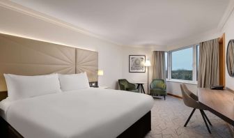 Day use guest room with view, work desk and lounge area at the Hilton Birmingham Metropole.