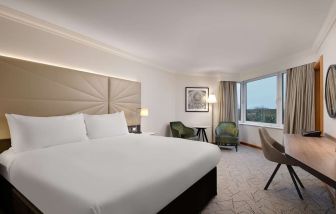 Day use guest room with view, work desk and lounge area at the Hilton Birmingham Metropole.