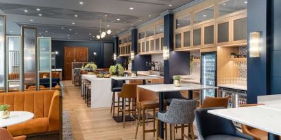 Hotel coffee shop and lounge area with comfortable sitting perfect for co-working at the Hilton Birmingham Metropole.