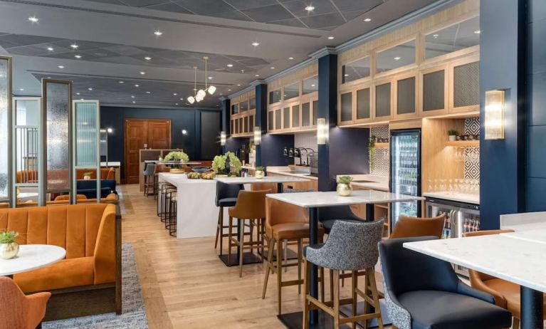 Hotel coffee shop and lounge area with comfortable sitting perfect for co-working at the Hilton Birmingham Metropole.