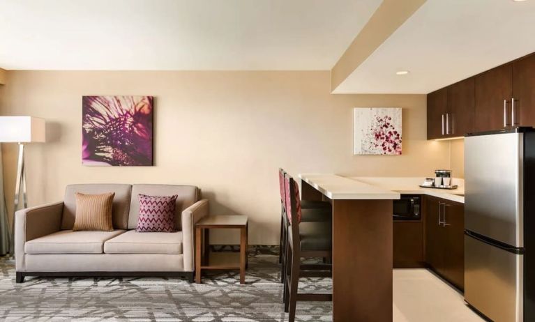 Studio suite with living area and in-room kitchen at the Double Tree Toronto Airport West.