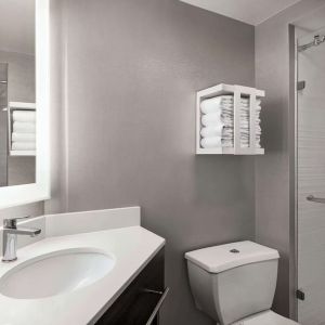 Guest bathroom with shower at Hampton Inn Chicago O`Hare.