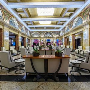 Lobby and coworking lounge at Congress Plaza Hotel.