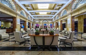 Lobby and coworking lounge at Congress Plaza Hotel.