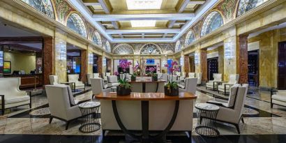 Lobby and coworking lounge at Congress Plaza Hotel.