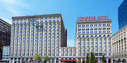 Hotel exterior at Congress Plaza Hotel.