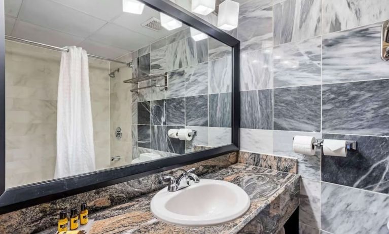 Guest bathroom with shower at Best Western Plus Newark Airport West.