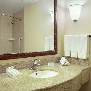 Day use bathroom with shower and toiletries at Hilton Garden Inn Toronto/Burlington.