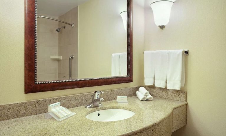 Day use bathroom with shower and toiletries at Hilton Garden Inn Toronto/Burlington.