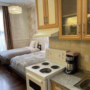 Twin room with in-room kitchen at Parc Suites Hotel.