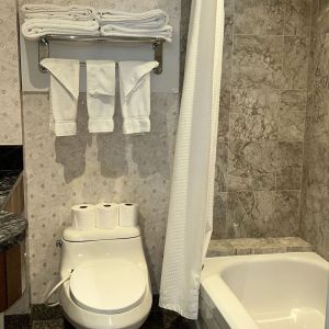 Private guest bathroom with tub at Parc Suites Hotel.