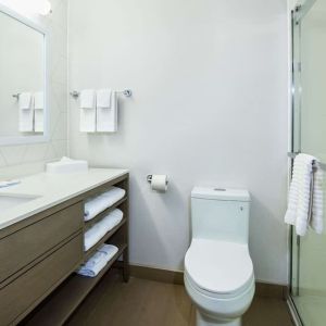 Private guest bathroom with shower and toiletries at Comfort Inn & Suites Barrie.