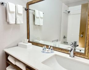 Private guest bathroom with shower and tub at Comfort Inn & Suites Barrie.