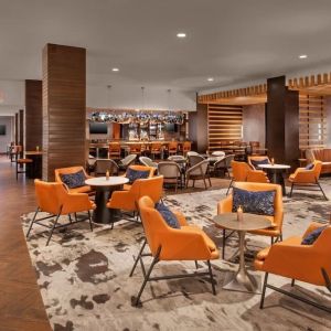 Lounge and coworking space at Boston Marriott Burlington.