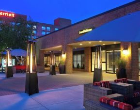 Hotel exterior at night at Boston Marriott Burlington.