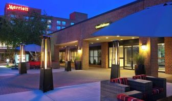 Hotel exterior at night at Boston Marriott Burlington.