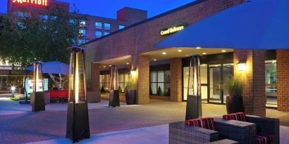 Hotel exterior at night at Boston Marriott Burlington.