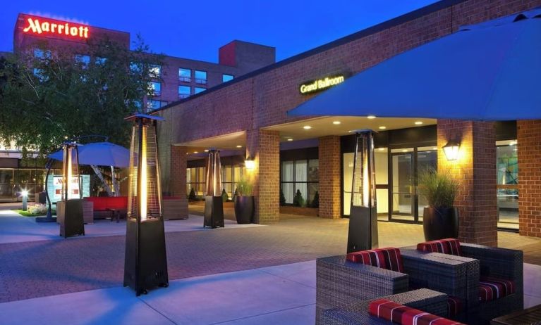 Hotel exterior at night at Boston Marriott Burlington.