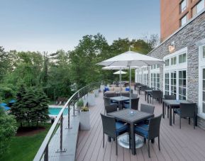 Hotel terrace seating at Boston Marriott Burlington.