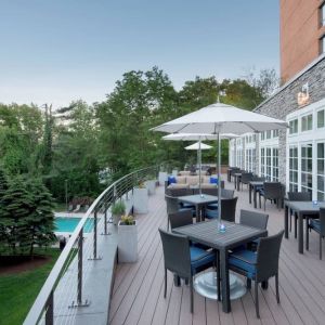 Hotel terrace seating at Boston Marriott Burlington.