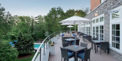 Hotel terrace seating at Boston Marriott Burlington.